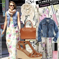 Copier (en moins cher !) le look printanier de Jessica Alba : Maxi Robe à fleurs et veste en jean