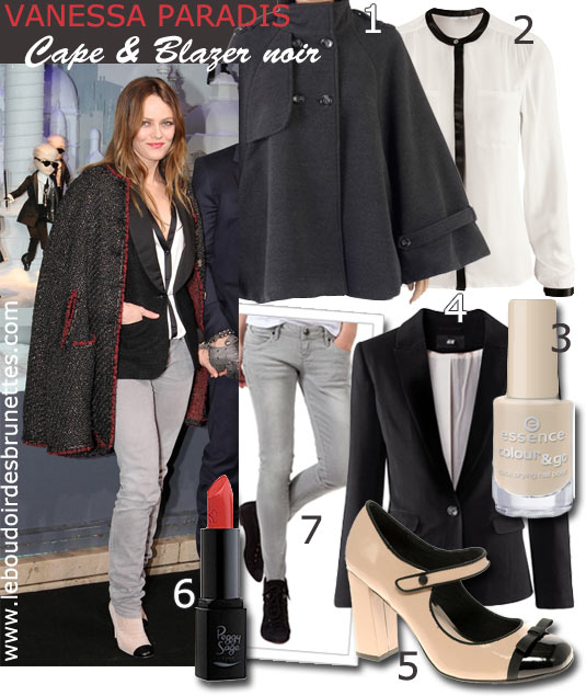 Look de Vanessa Paradis : blazer noir et cape