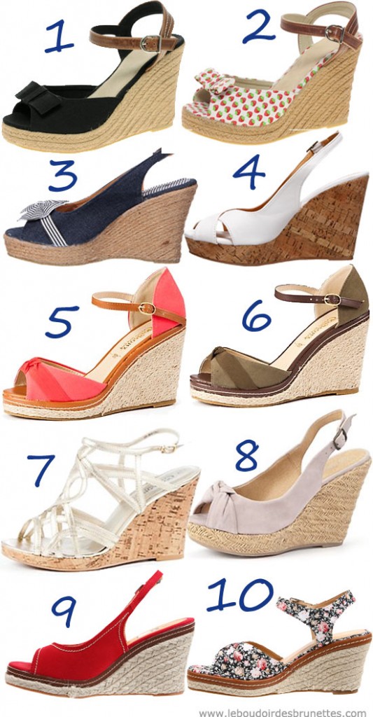 Sandales compensées : noires, unies, à fkeurs, à noeud, beige, etc.